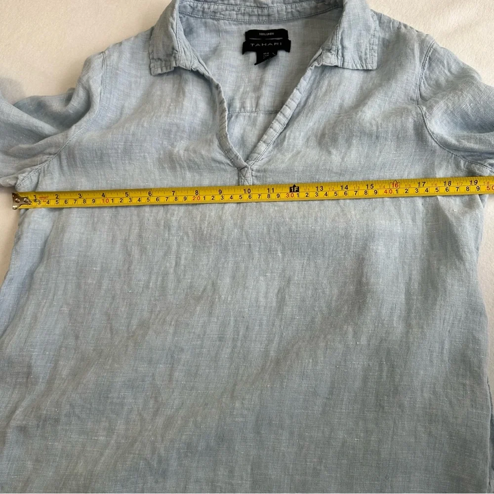 Tahari Women’s Linen Button Detail Blouse Light Blue 3/4 Sleeve Medium - Picture 5 of 8